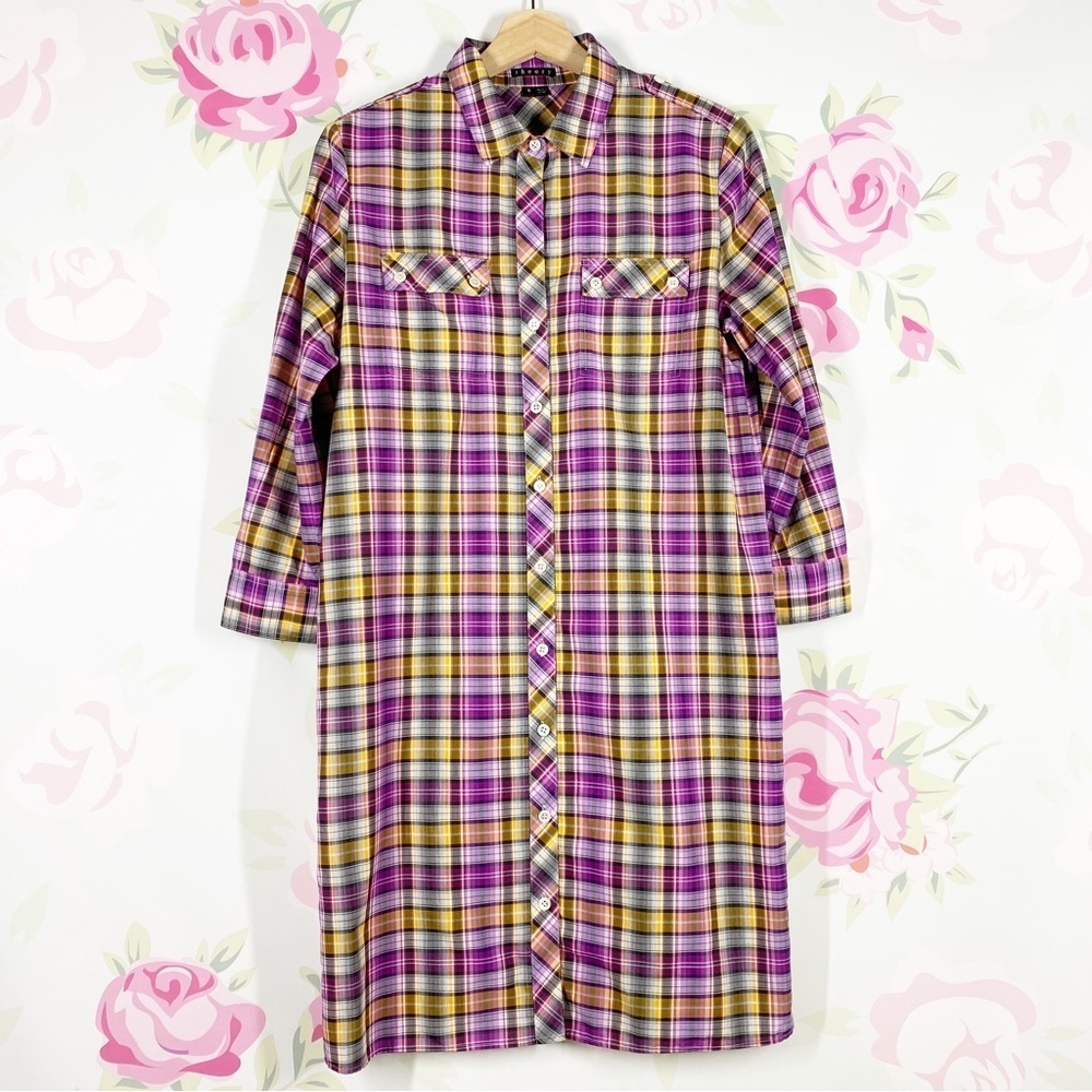 Theory Purple Yellow Plaid Checkered Shirt Dress 6